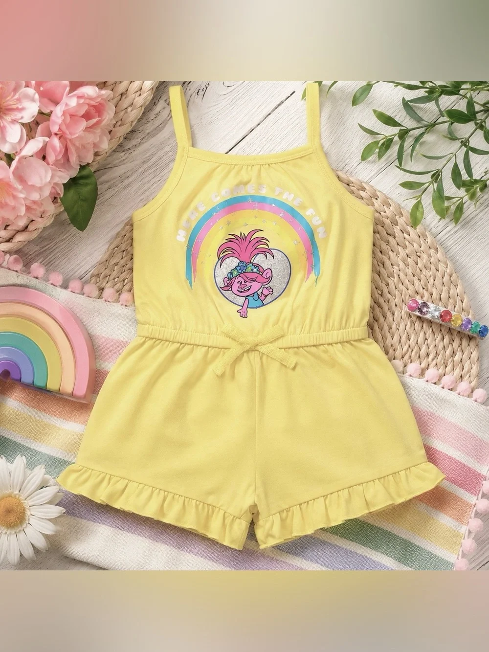 DreamWorks Trolls Poppy Yellow Romper 4T + Rainbow Hair Clip